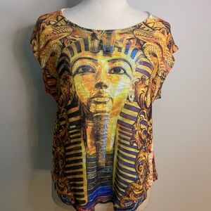 y2k all over print Egyptian Pharaoh graphic top with short sleeves knit texture